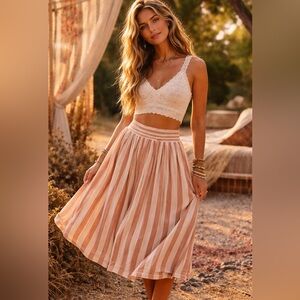 Boho Striped Midi Skirt in Blush Pink/Peach